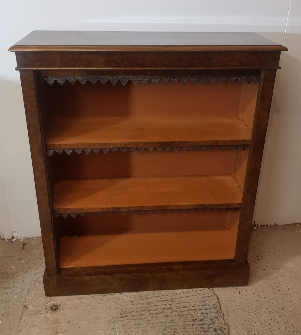 Pair of Victorian Burr Walnut Open Bookcases.  View III