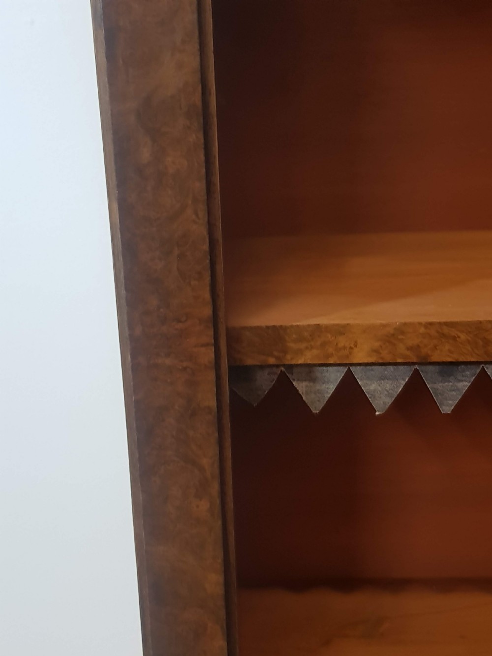 Pair of Victorian Burr Walnut Open Bookcases.  View VI