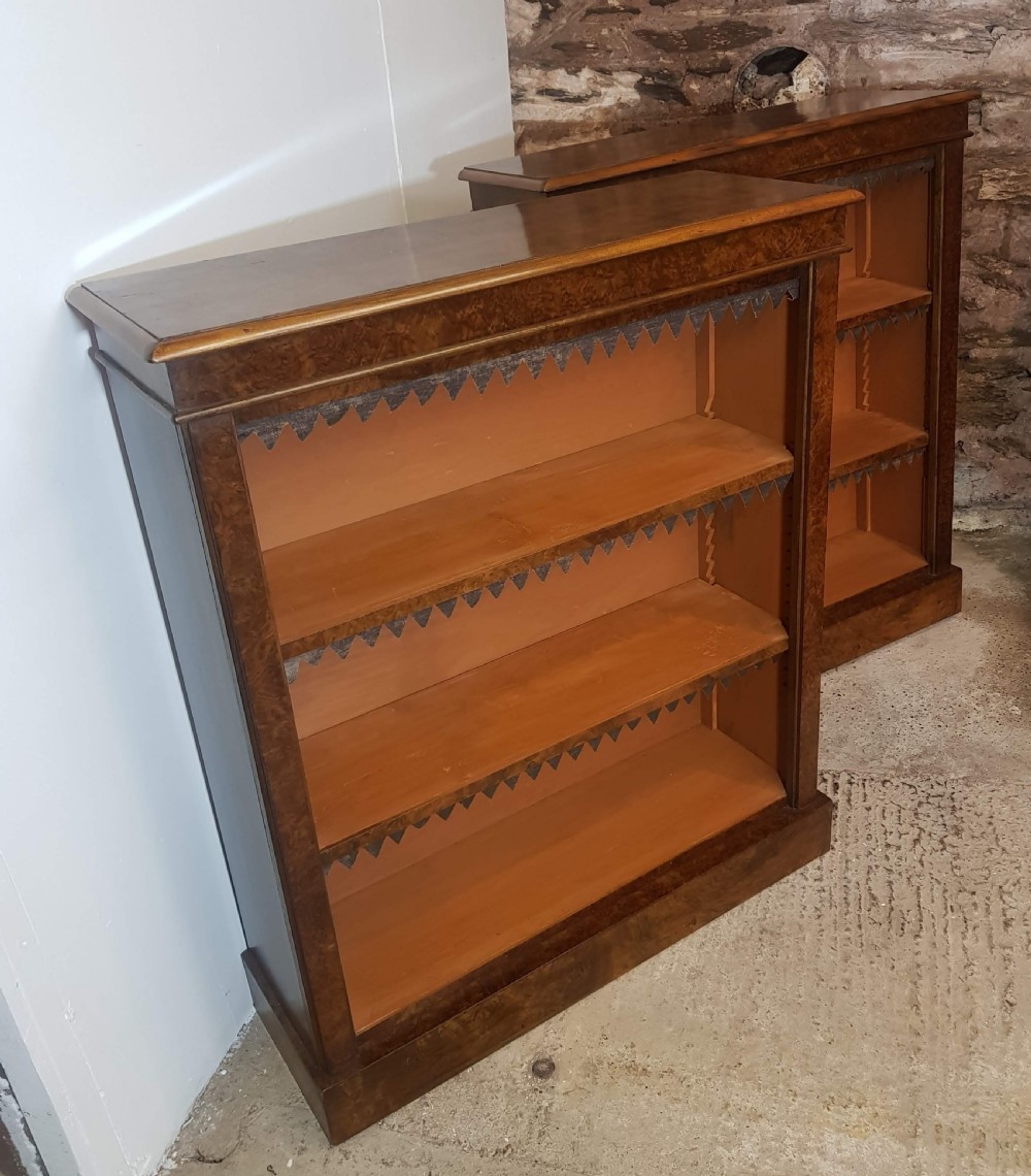 Pair of Victorian Burr Walnut Open Bookcases.  View IX