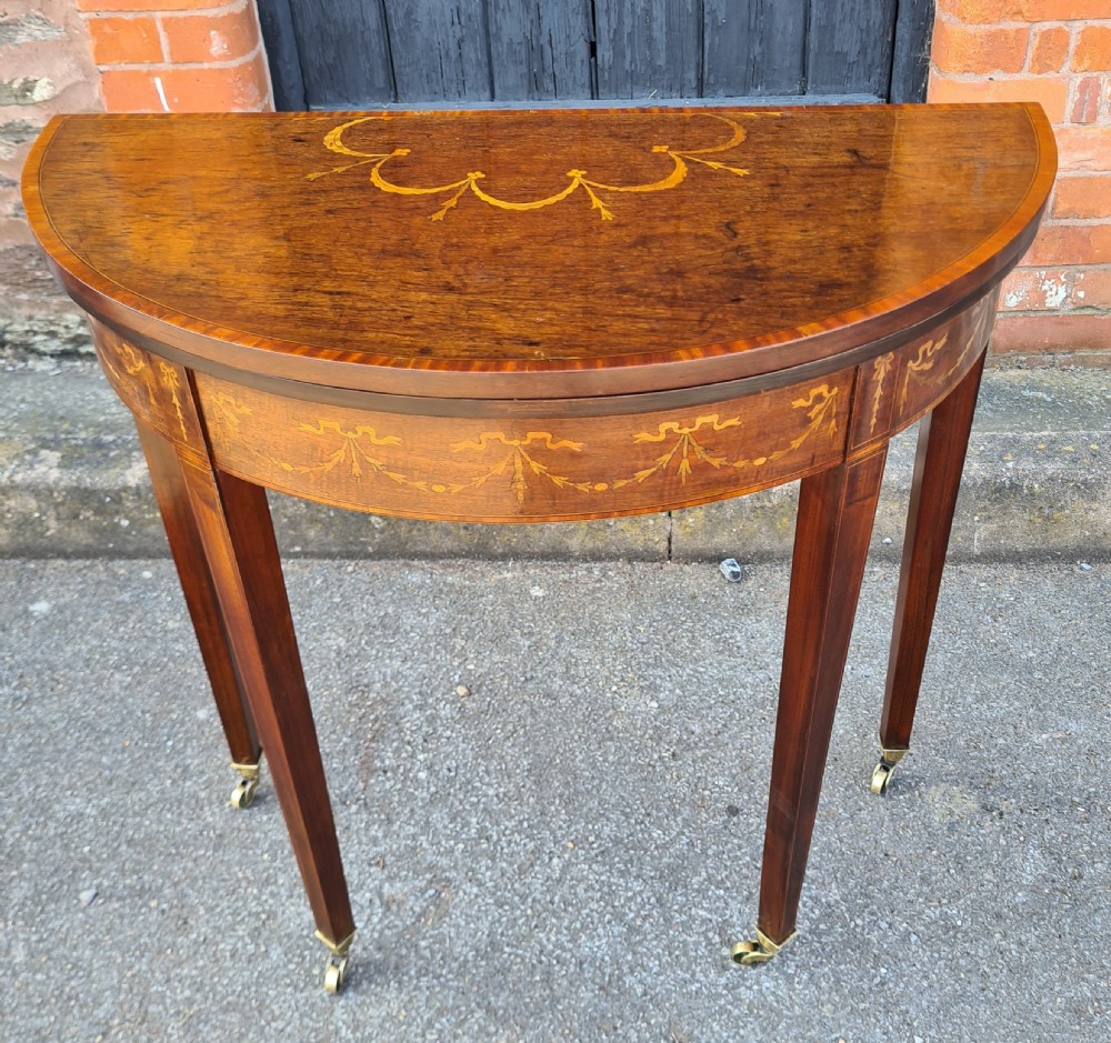 ANTIQUE EDWARDIAN INLAID MAHOGANY DEMILUNE CARD TABLE 