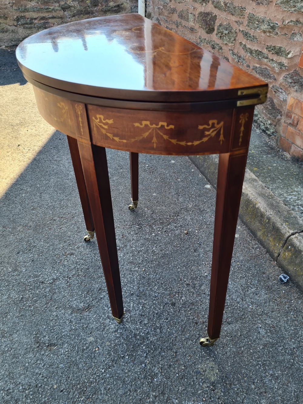 ANTIQUE EDWARDIAN INLAID MAHOGANY DEMILUNE CARD TABLE  View II