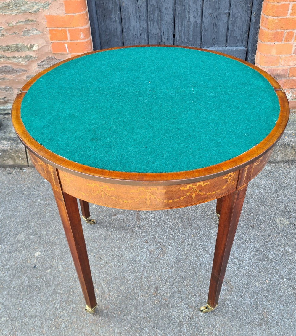 ANTIQUE EDWARDIAN INLAID MAHOGANY DEMILUNE CARD TABLE  View V