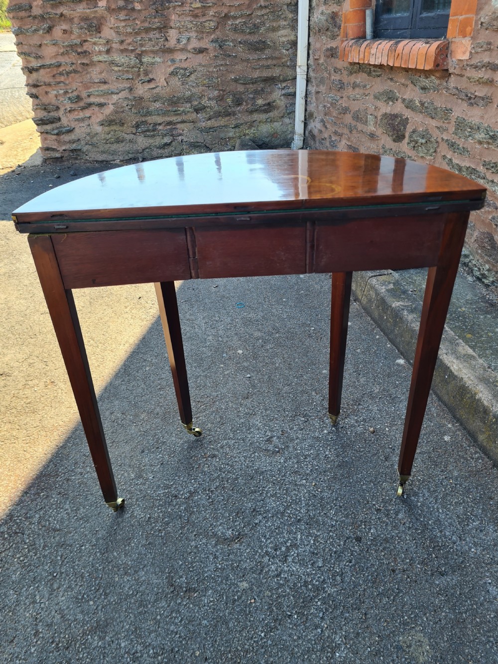ANTIQUE EDWARDIAN INLAID MAHOGANY DEMILUNE CARD TABLE  View VII