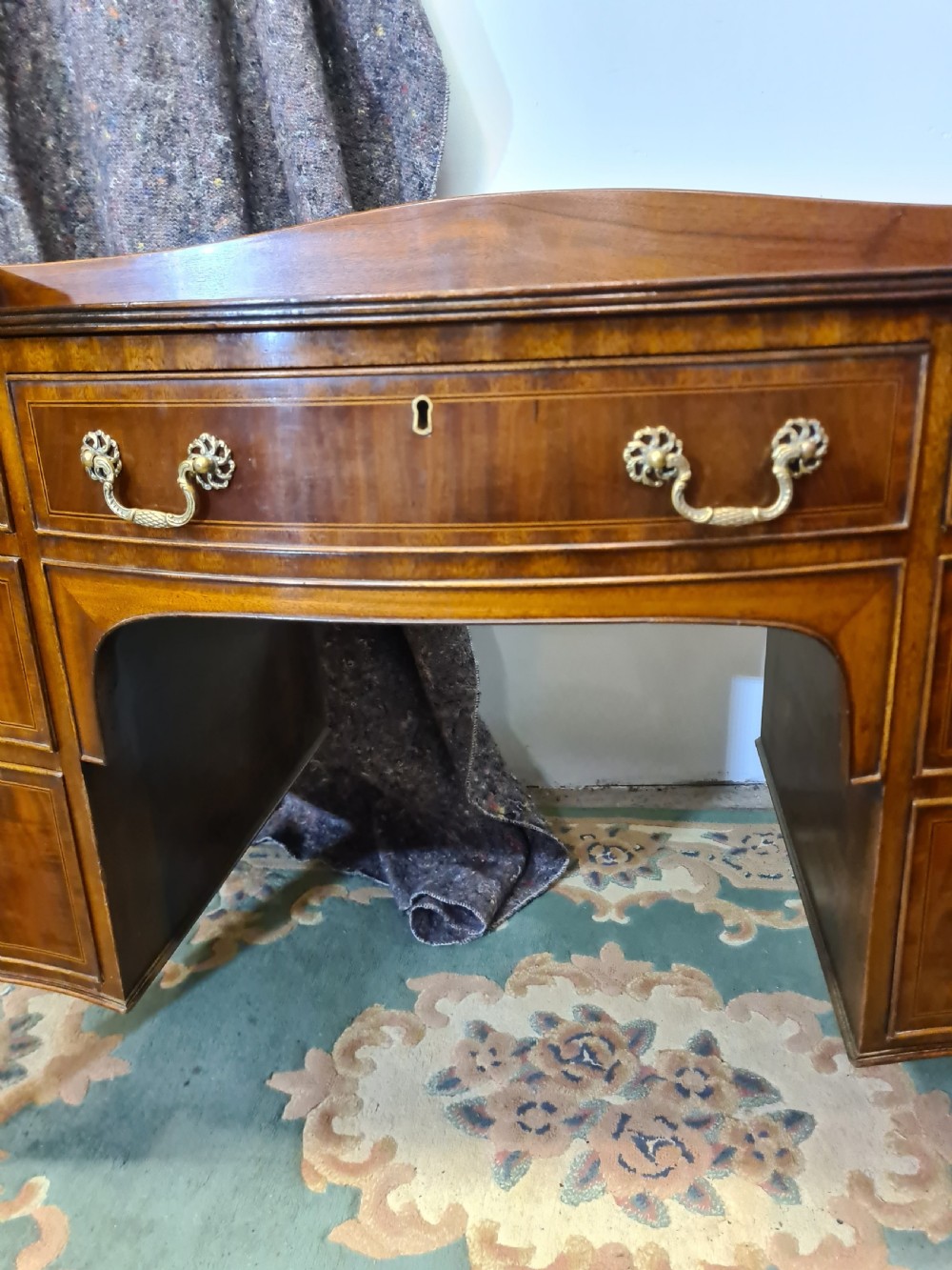 Edwardian Mahogany Serpentine Inlaid Desk.  View III