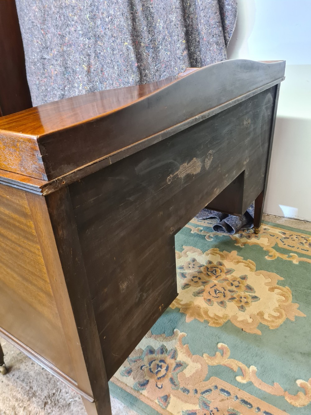 Edwardian Mahogany Serpentine Inlaid Desk.  View V