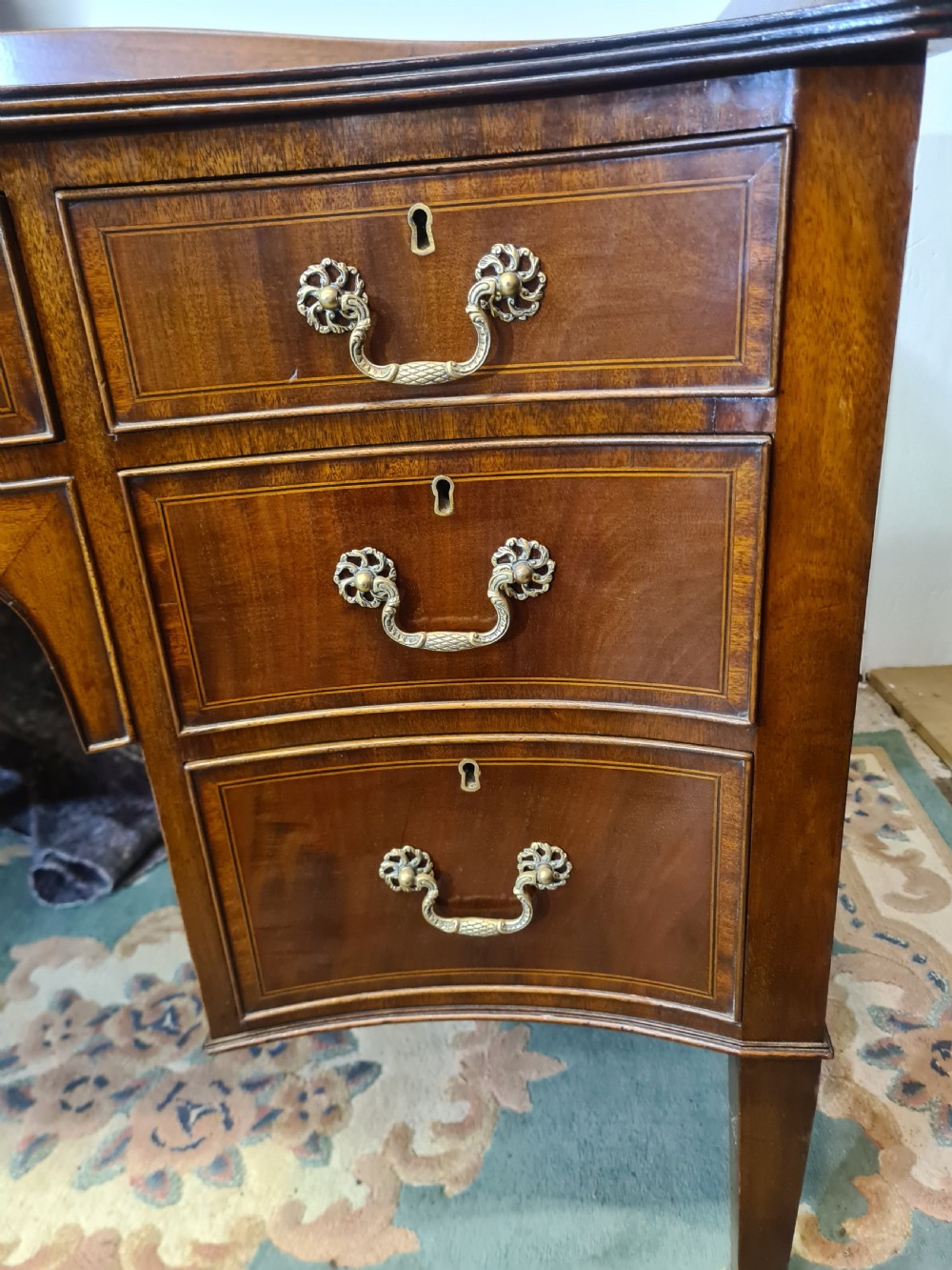 Edwardian Mahogany Serpentine Inlaid Desk.  View IX