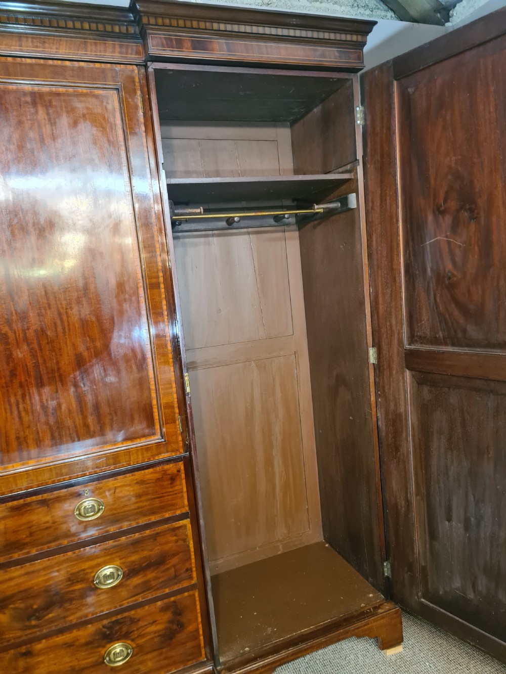 19th Century Georgian mahogany inlaid four door Wardrobe . View III