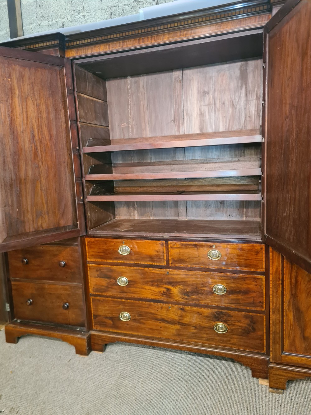 19th Century Georgian mahogany inlaid four door Wardrobe . View V