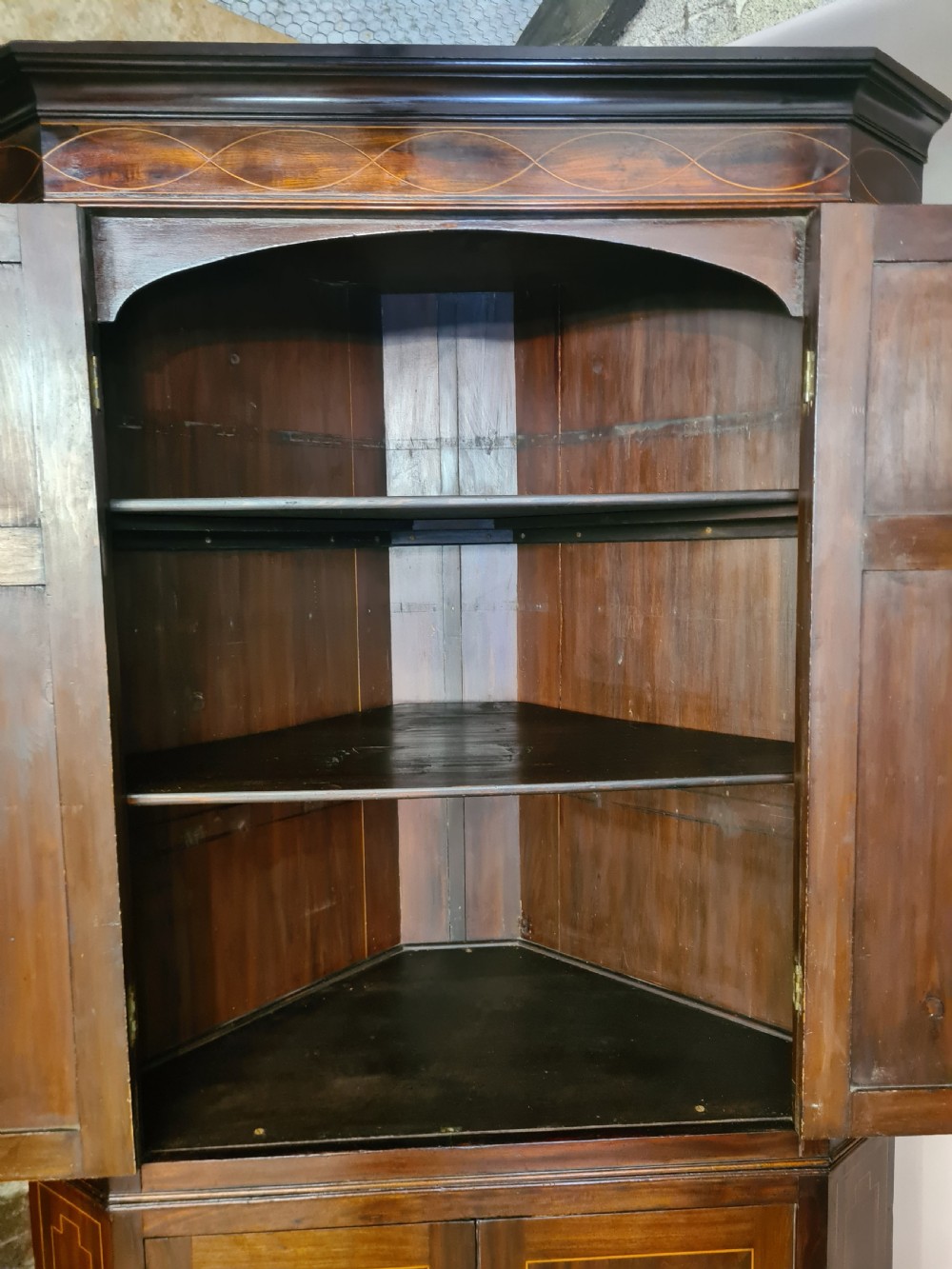 Georgian Mahogany inlaid Corner Cabinet  View II