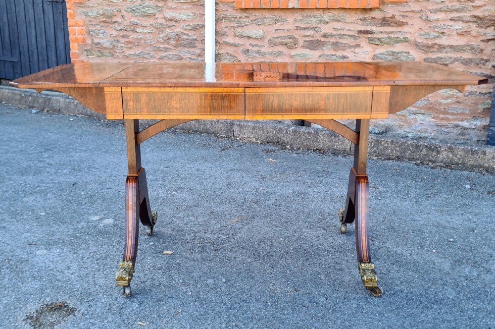 Regency Rosewood Sofa Table Inlaid with Burr Yew and Boxwood.