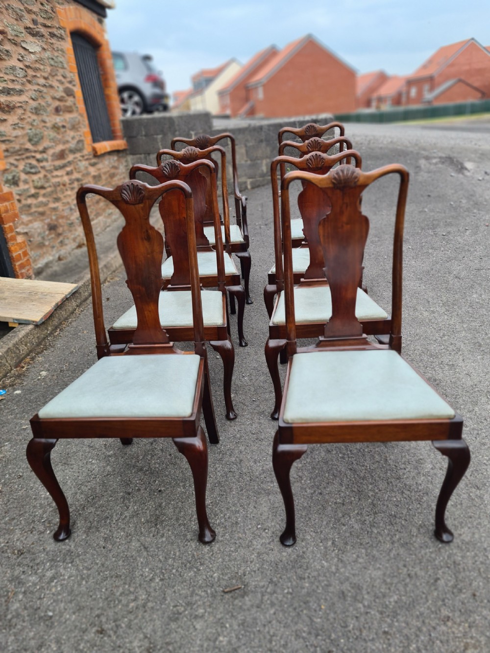 Set of Eight 1920s Mahogany Queen Anne Style Chairs.  View III
