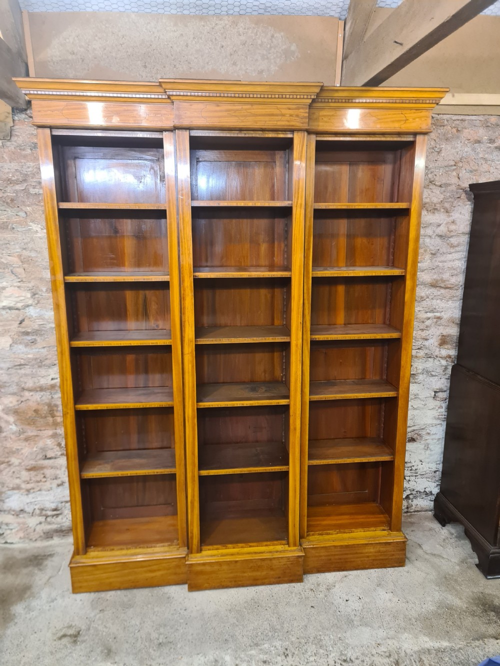 Edwardian Satinwood Inlaid Breakfront Bookcase.  View IV