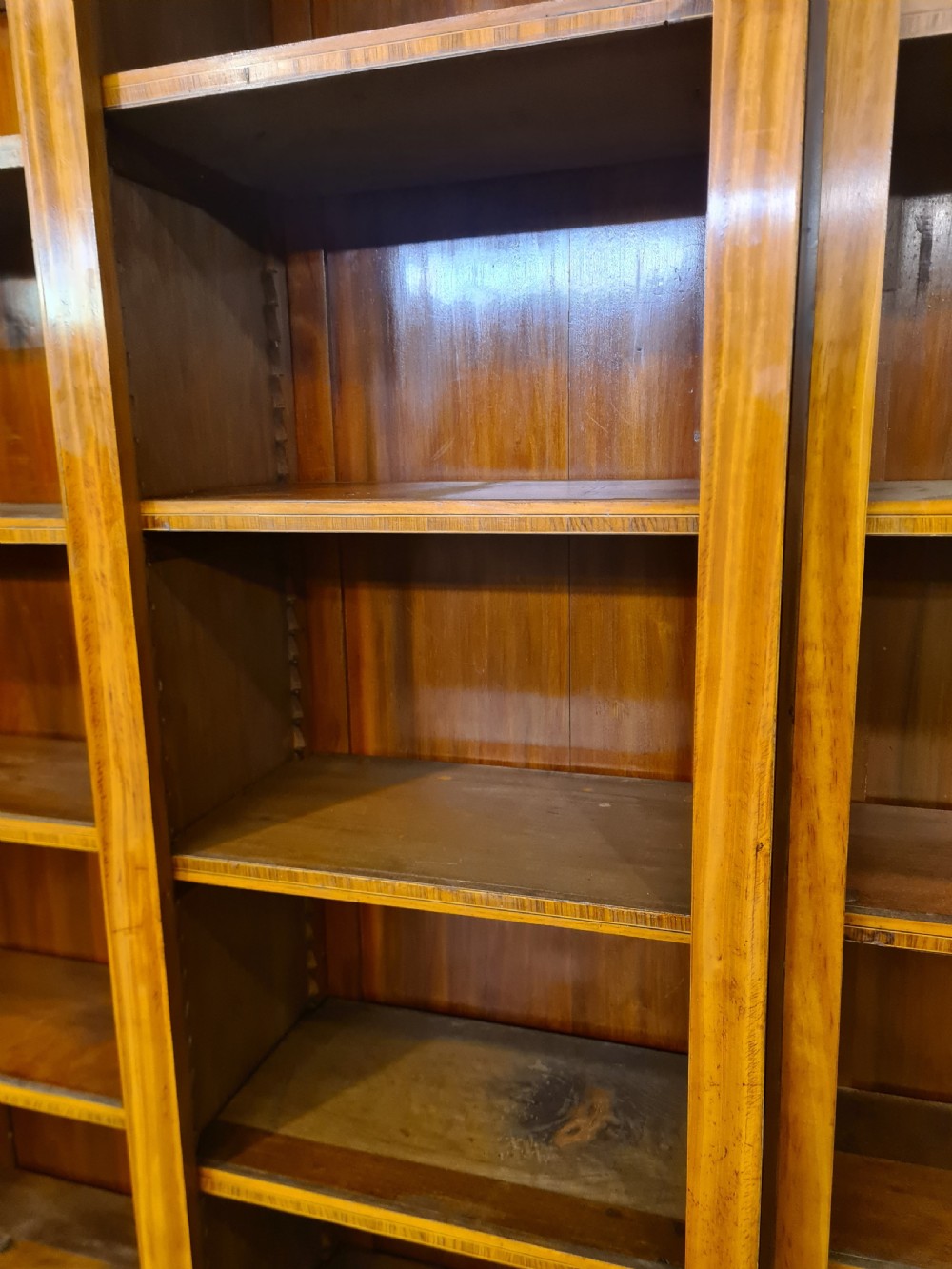 Edwardian Satinwood Inlaid Breakfront Bookcase.  View XI