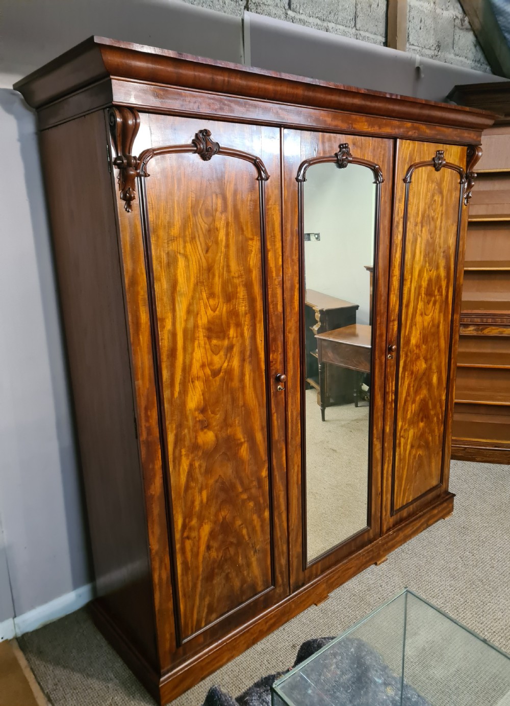 Victorian Flame Mahogany Triple Wardrobe.  View V