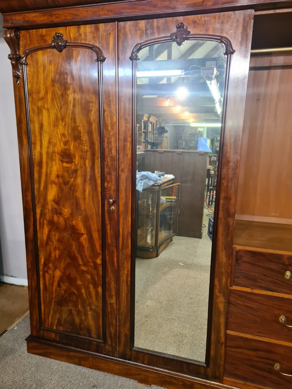 Victorian Flame Mahogany Triple Wardrobe.  View XI