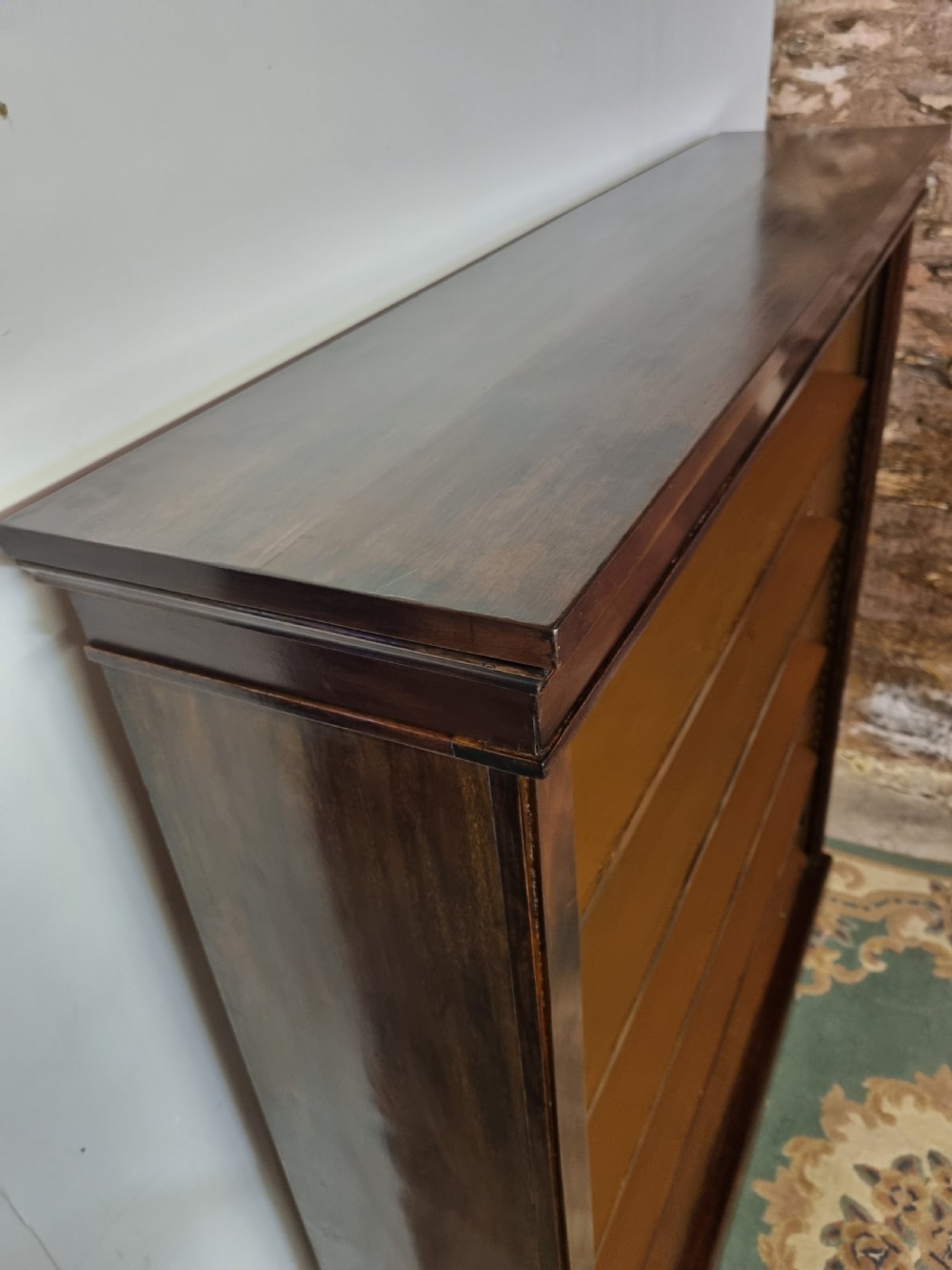 A large Victorian mahogany open bookcase with five adjustable shelves, a moulded upper cornice, and a solid plinth base. View IV