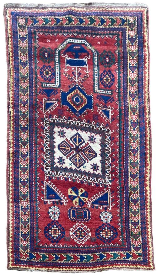 ANTIQUE CAUCASIAN FACHRALO KAZAK PRAYER RUG 248M X 130M
