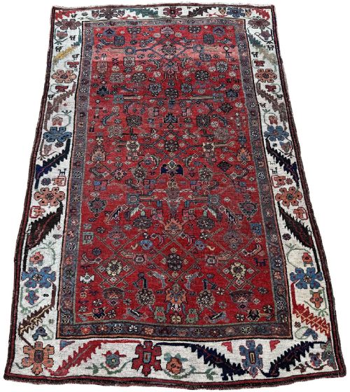 fig 1. An antique hand-knotted Persian Bidjar rug featuring a rich red field decorated with intricate floral and geometric motifs, enclosed by an ivory border.