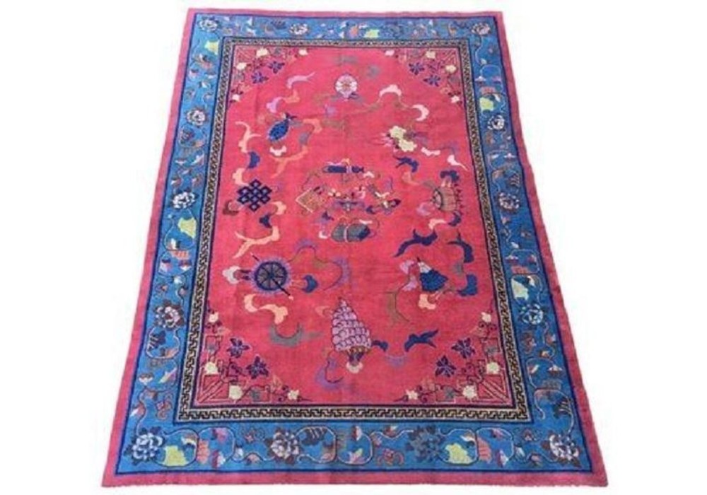 A hand-knotted Chinese Art Deco wool rug featuring a bright pink central field with traditional floral motifs surrounded by a blue patterned border. View II