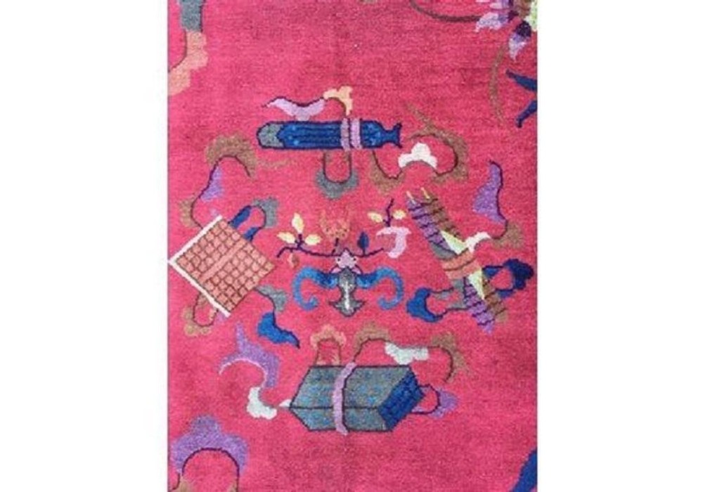 A hand-knotted Chinese Art Deco wool rug featuring a bright pink central field with traditional floral motifs surrounded by a blue patterned border. View X