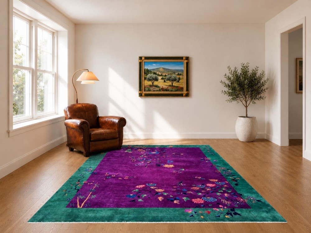 A large hand-knotted wool carpet featuring a vibrant magenta central field framed by a rich jade green border with asymmetrical floral and bamboo motifs. View VII