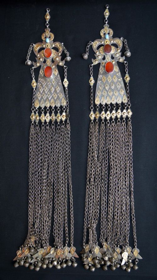 Antique 'Adamlyk' (Temple Pendants), Western Yomut Turkmen Tribes, Trans-caspian Steppes, Turkmenistan, Central Asia.
