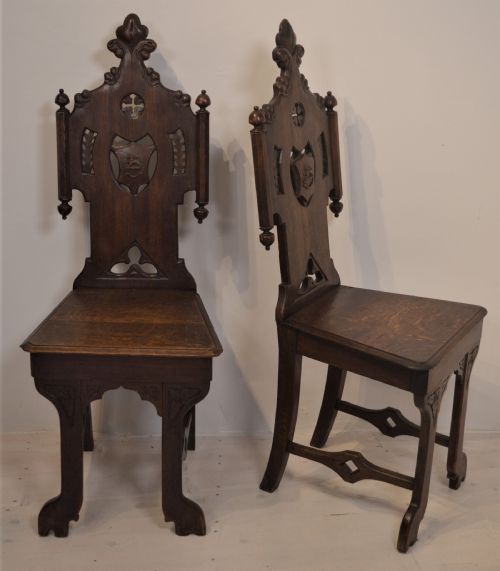 PAIR OF GOTHIC HALL CHAIRS - ADDITIONAL PHOTO 1