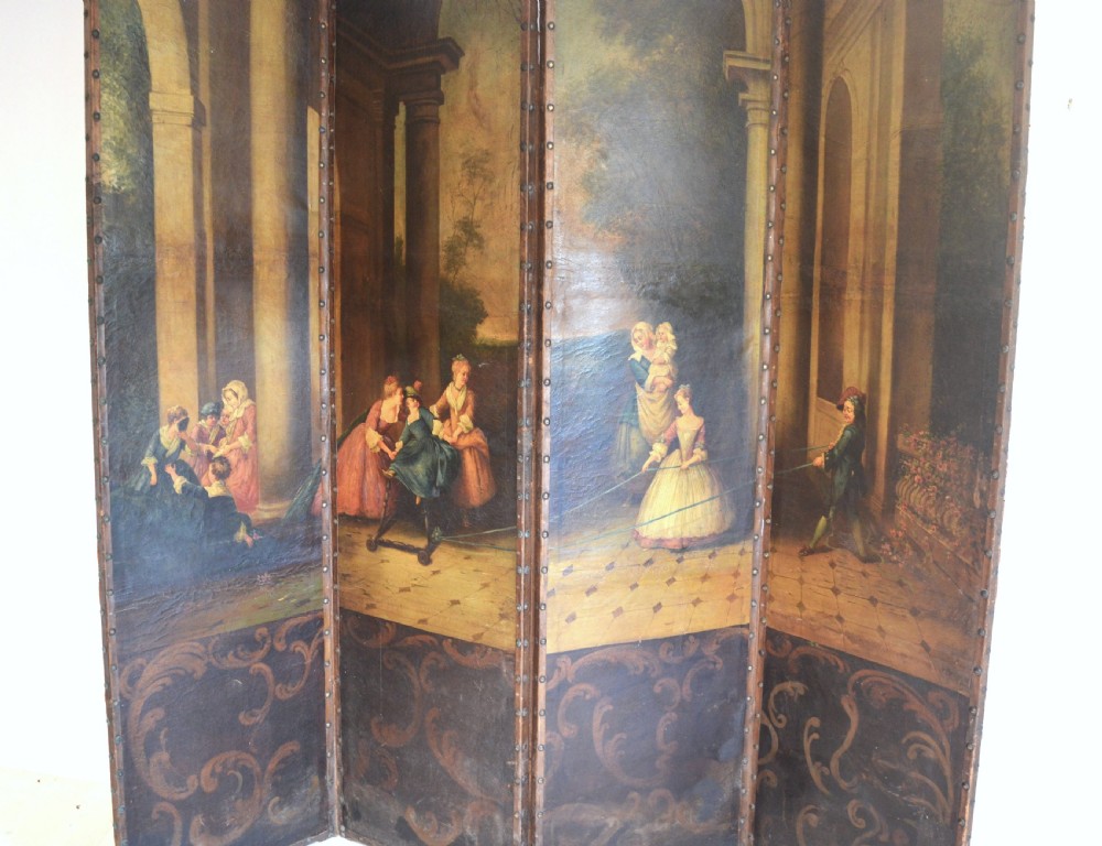 A four-panel antique folding room screen featuring painted classical architectural columns, figures in period dress, and scrolling acanthus base motifs with studded brass edging. View II