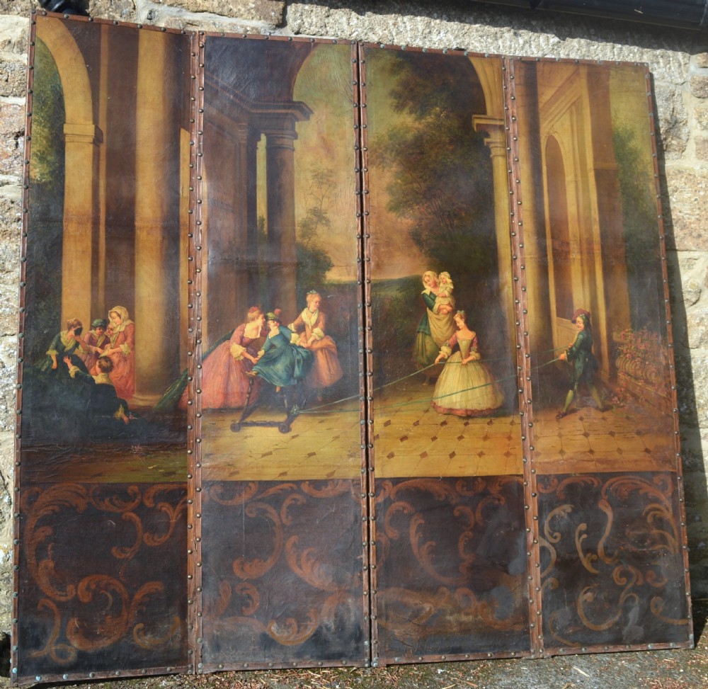 A four-panel antique folding room screen featuring painted classical architectural columns, figures in period dress, and scrolling acanthus base motifs with studded brass edging. View III