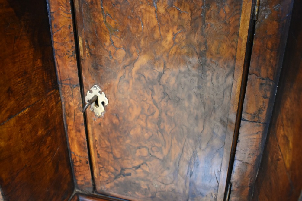 An antique Georgian style kneehole desk in burr walnut and burr oak veneers featuring brass handles, a central recessed cupboard, and drawers supported by bracket feet. View V
