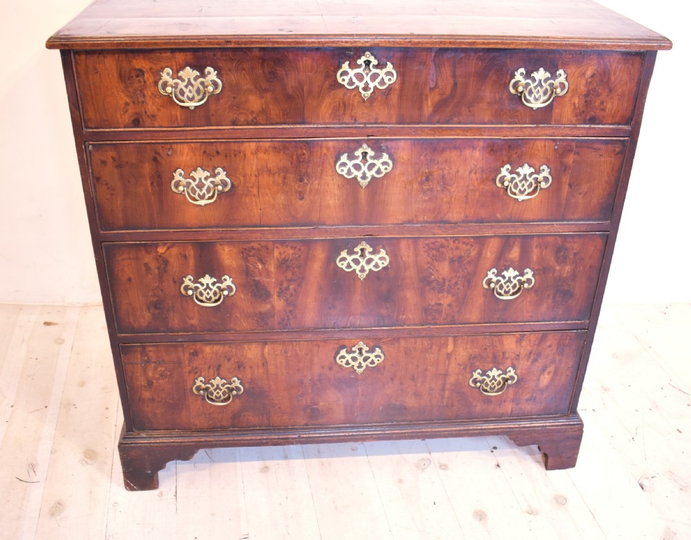 A Georgian yew wood chest of drawers featuring four graduated long drawers with ornate brass drop handles and bracket feet. View II