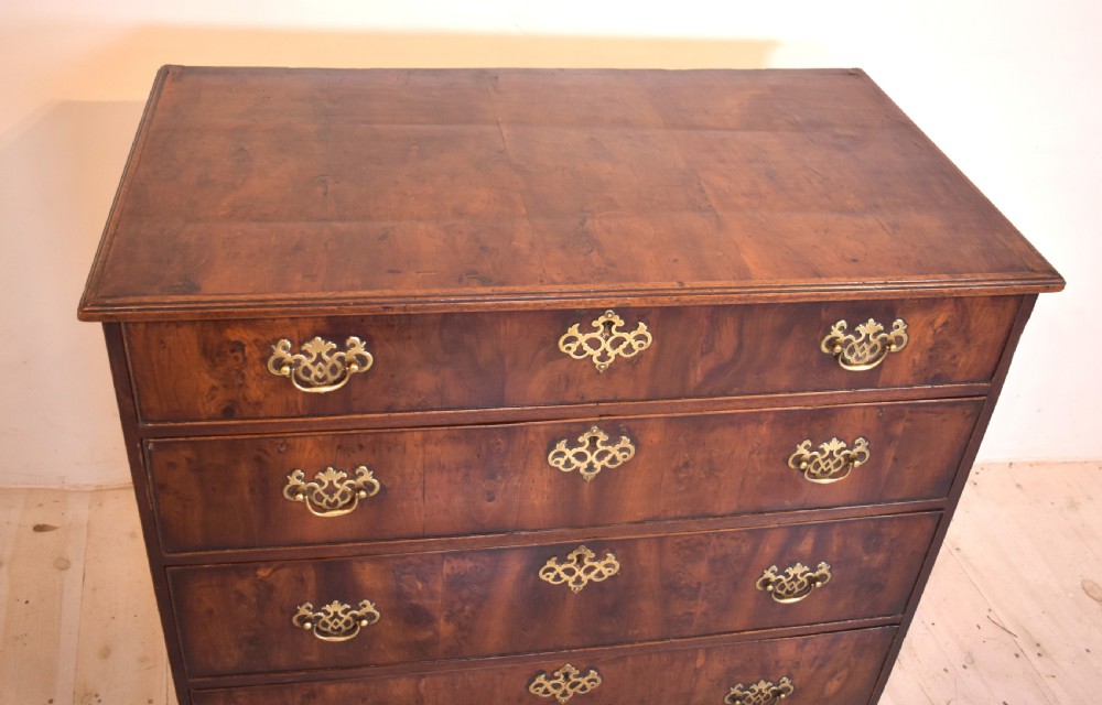 A Georgian yew wood chest of drawers featuring four graduated long drawers with ornate brass drop handles and bracket feet. View III