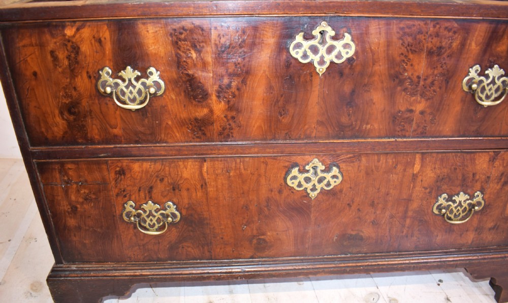 A Georgian yew wood chest of drawers featuring four graduated long drawers with ornate brass drop handles and bracket feet. View VI