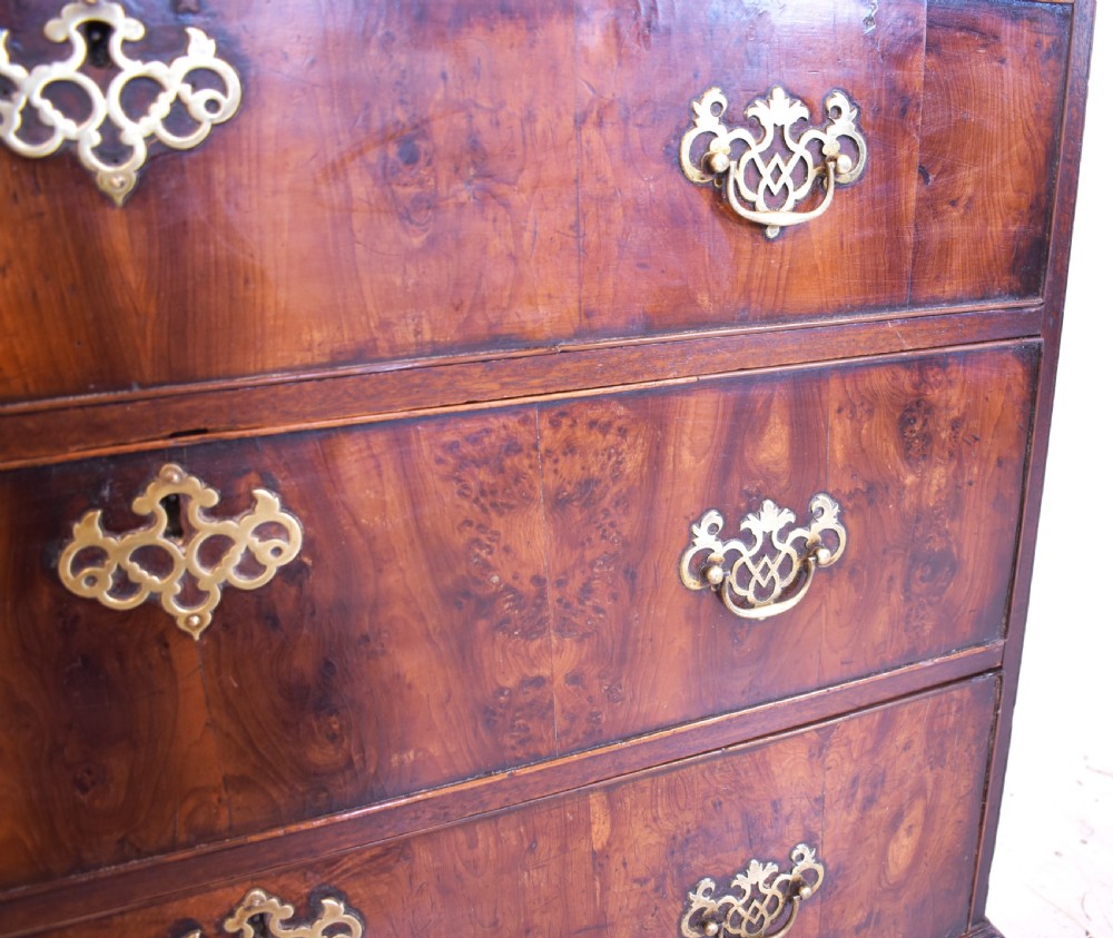 A Georgian yew wood chest of drawers featuring four graduated long drawers with ornate brass drop handles and bracket feet. View VIII