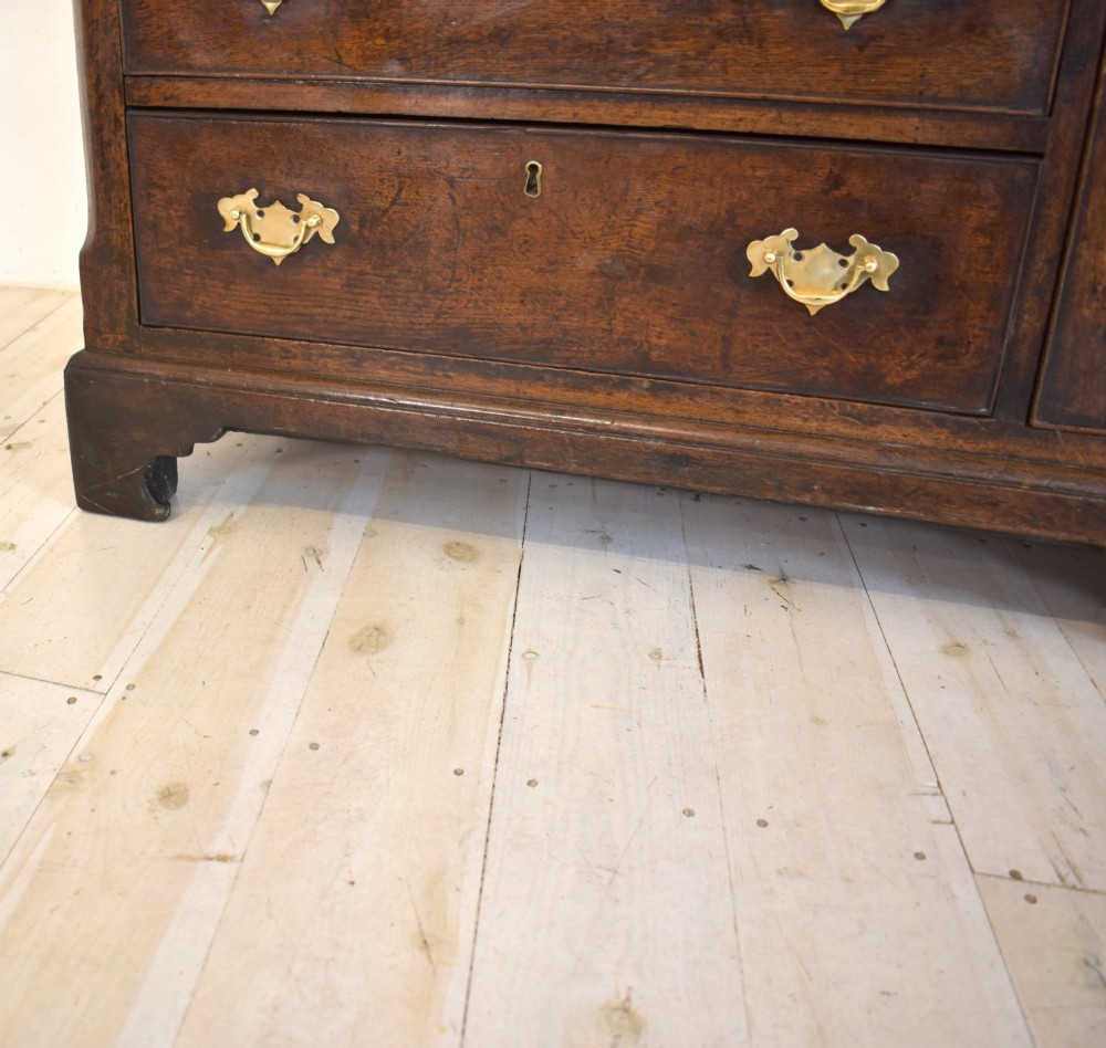 An eighteenth-century dark oak Lancashire dresser base featuring a central fielded panel cupboard door flanked by multiple drawers with brass batwing drop handles. View IX