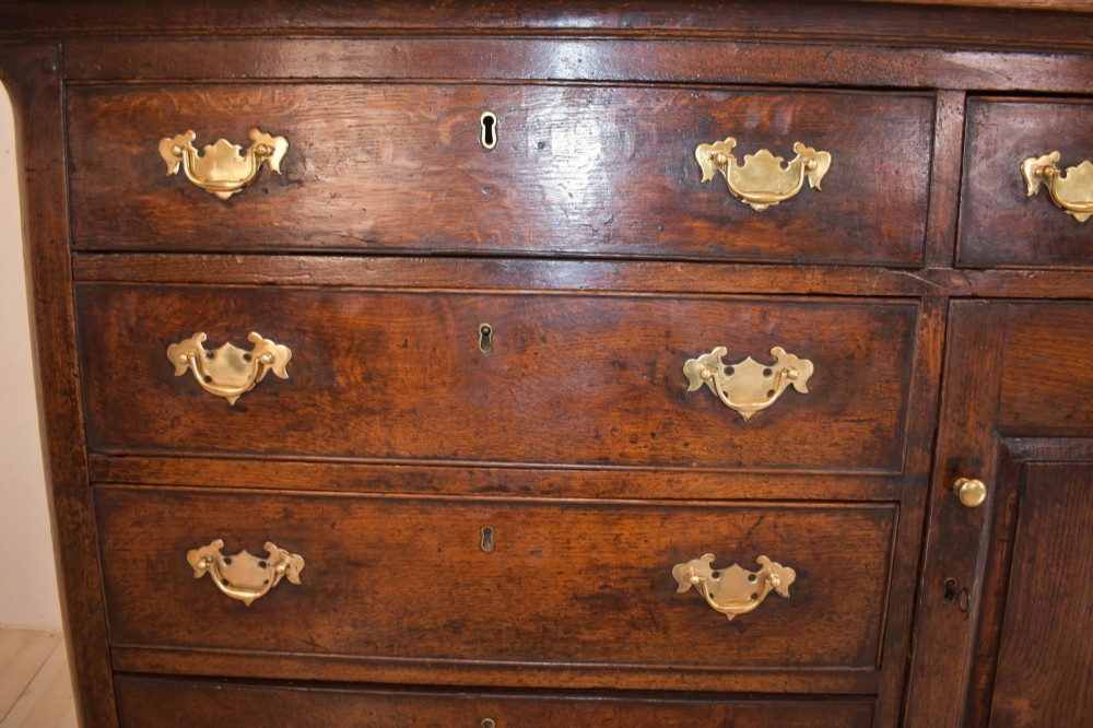An eighteenth-century dark oak Lancashire dresser base featuring a central fielded panel cupboard door flanked by multiple drawers with brass batwing drop handles. View XI