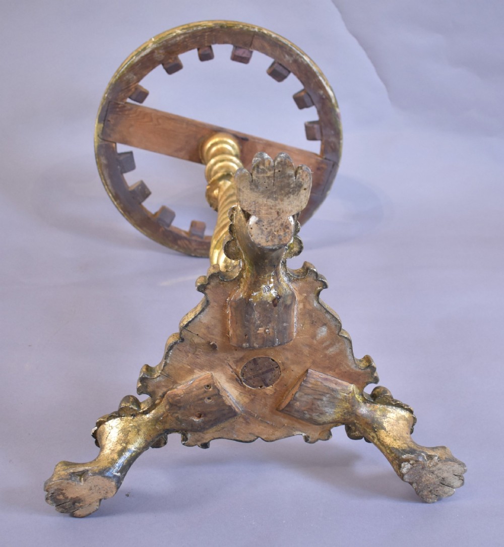 An antique giltwood tripod side table featuring a circular white marble top supported by a spiral twist column and three carved paw feet. View IV