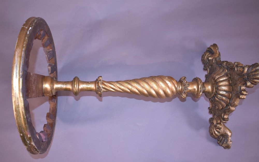 An antique giltwood tripod side table featuring a circular white marble top supported by a spiral twist column and three carved paw feet. View VIII