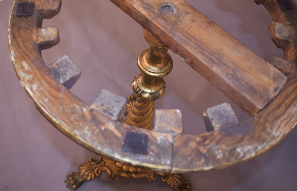 An antique giltwood tripod side table featuring a circular white marble top supported by a spiral twist column and three carved paw feet. View IX