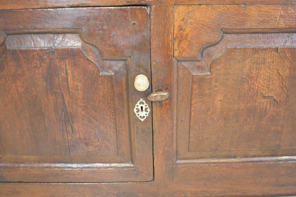 An 18th-century dark oak dresser base featuring three top drawers with brass handles above three cupboard doors with shaped fielded panels. View VI