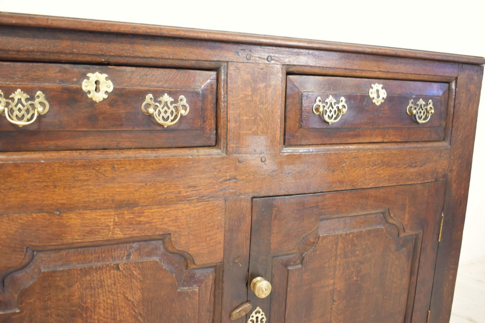 An 18th-century dark oak dresser base featuring three top drawers with brass handles above three cupboard doors with shaped fielded panels. View VIII