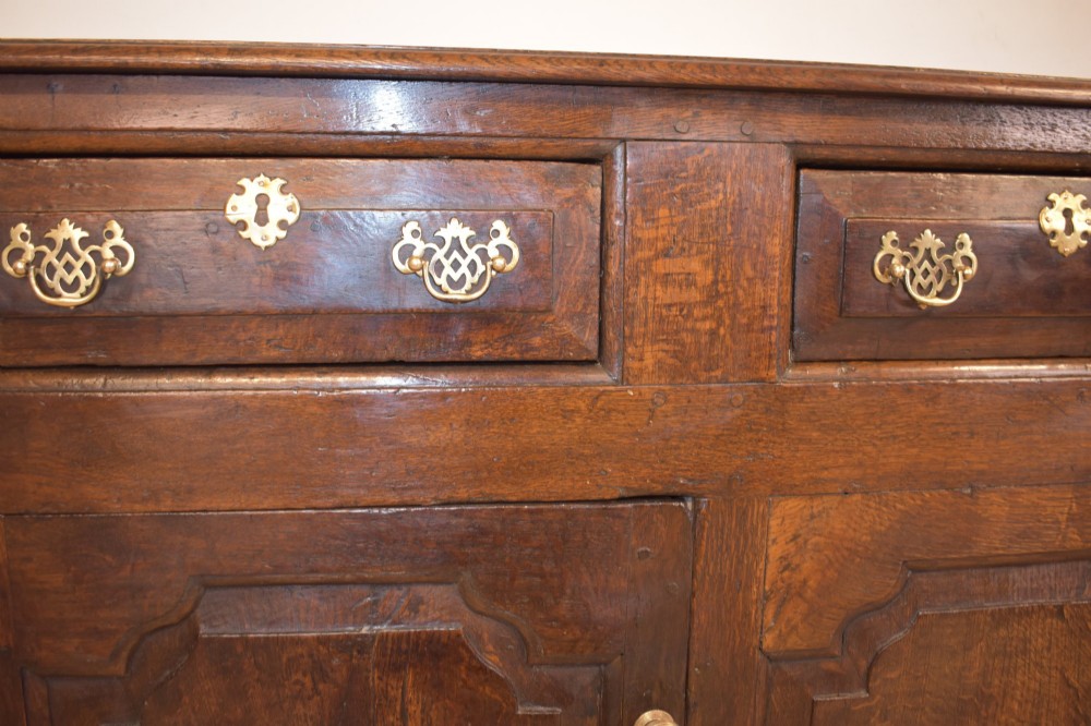 An 18th-century dark oak dresser base featuring three top drawers with brass handles above three cupboard doors with shaped fielded panels. View XII