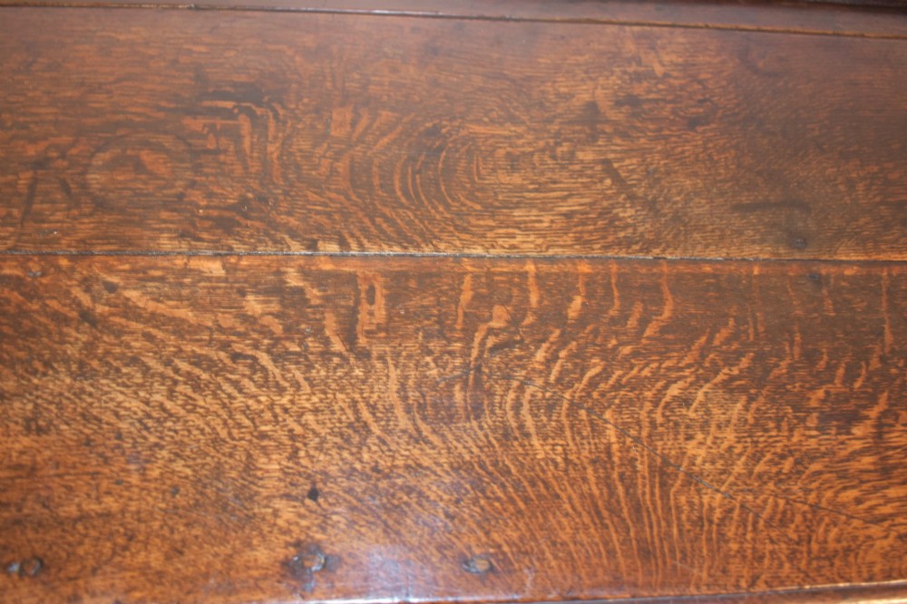 An 18th-century dark oak dresser base featuring three top drawers with brass handles above three cupboard doors with shaped fielded panels. View XIII