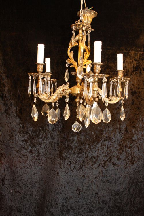 Early 20th Century Five Arm Gilt Brass Chandelier
