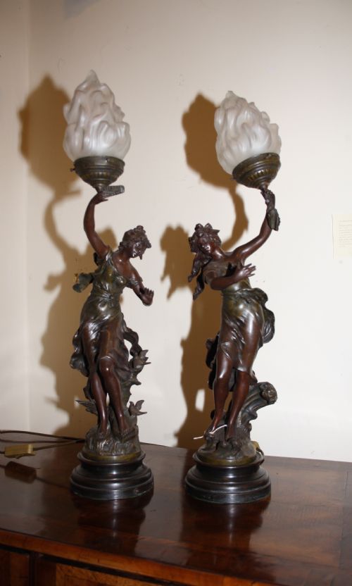 Pair of Late 19th Century Spelter Lamps with Glass Shades