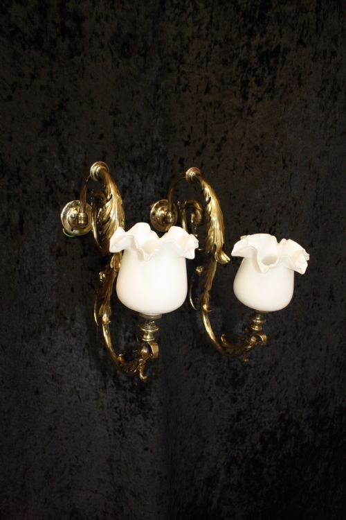 Pair of Brass Wall Lights with Glass Shades