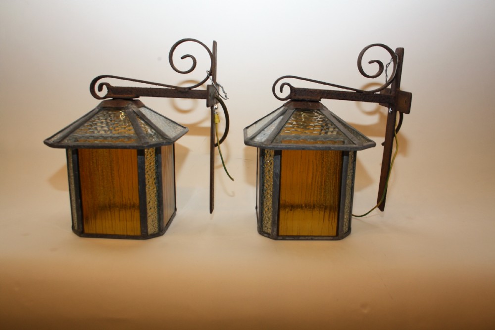 Pair of early 20th-century leaded porch lights View II