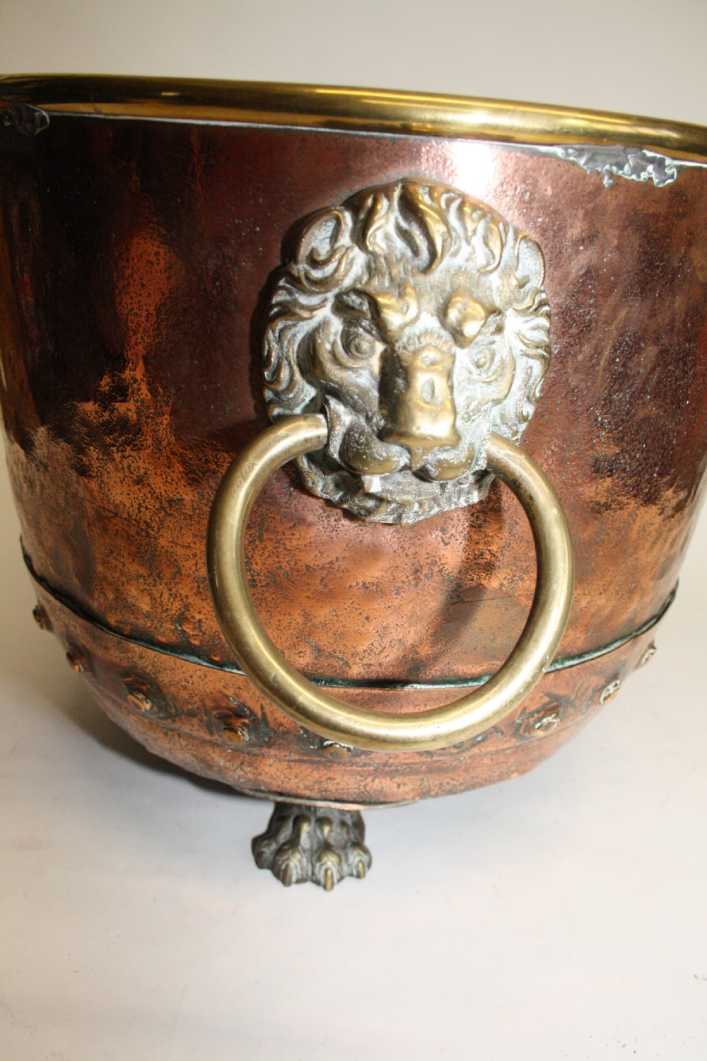 19th century copper and brass log bin. View II