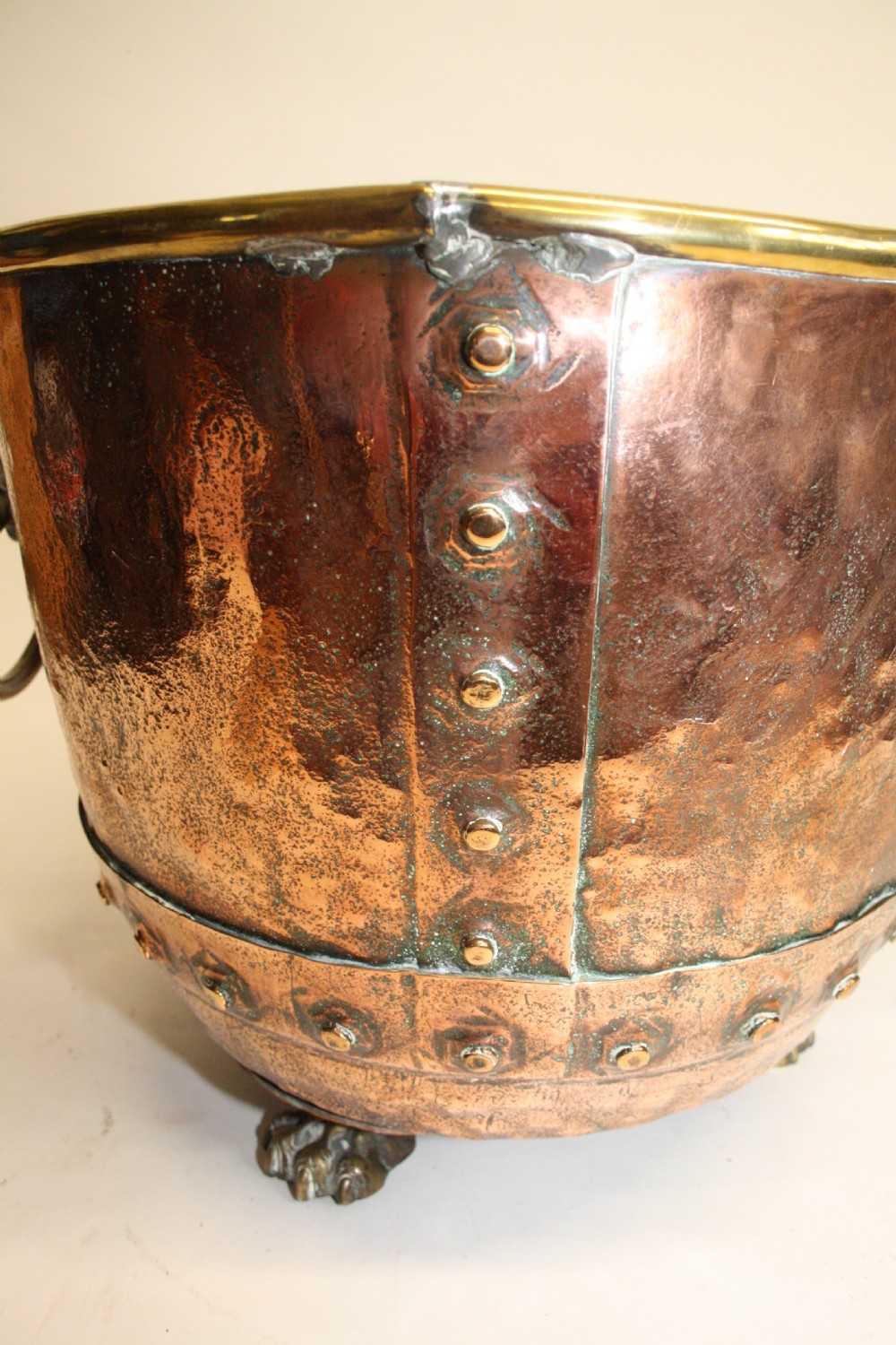 19th century copper and brass log bin. View V