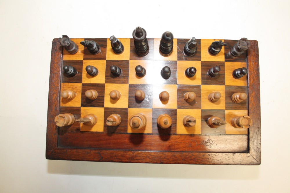 Late 19th century travel chess bored with chess set. View II